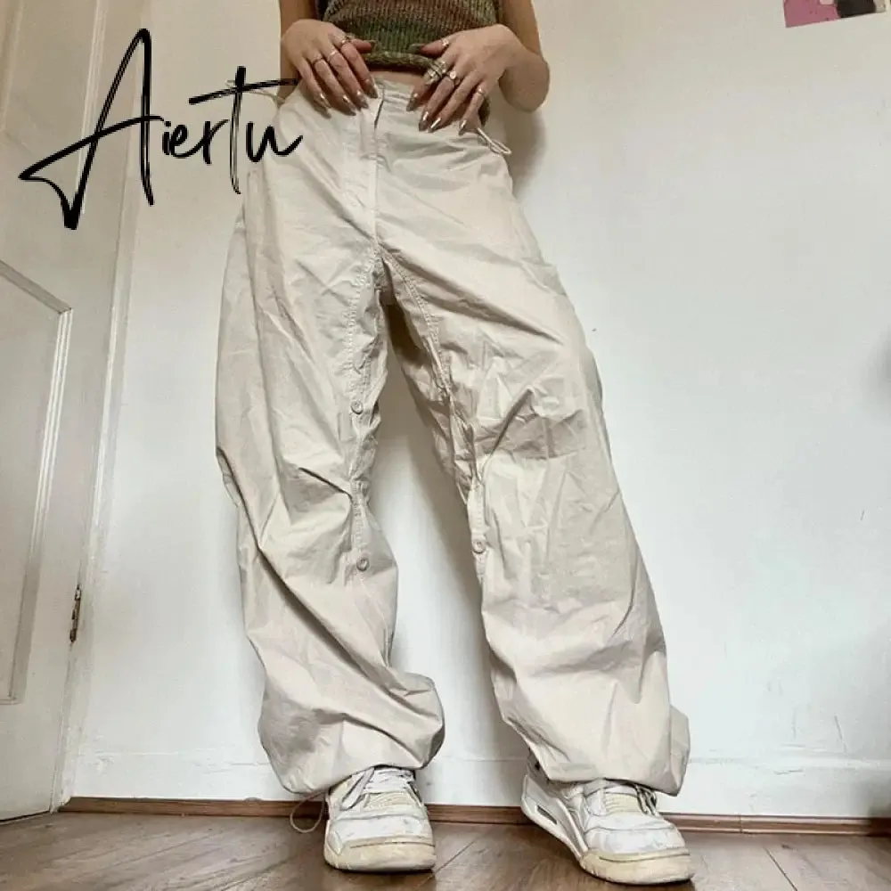 Women Oversized Tech Pants Casual Solid Drawstring Low Waist Baggy Trousers Y2K Vintage Hippie Joggers Cargo Pants Streetwear