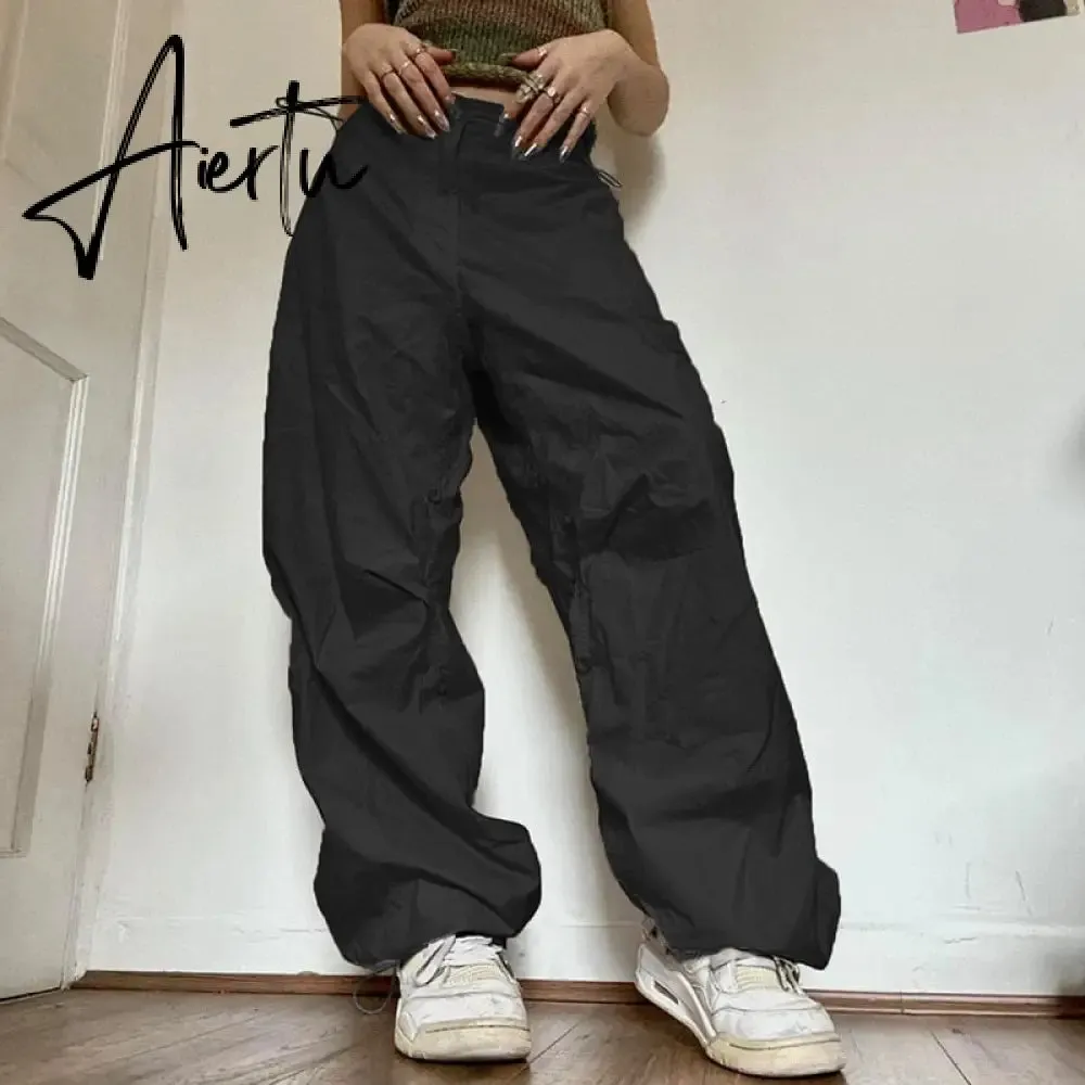 Women Oversized Tech Pants Casual Solid Drawstring Low Waist Baggy Trousers Y2K Vintage Hippie Joggers Cargo Pants Streetwear