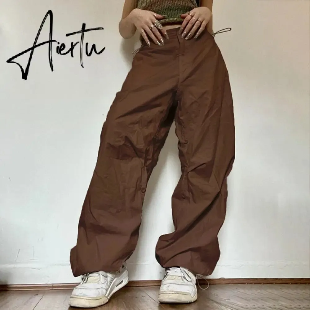 Women Oversized Tech Pants Casual Solid Drawstring Low Waist Baggy Trousers Y2K Vintage Hippie Joggers Cargo Pants Streetwear