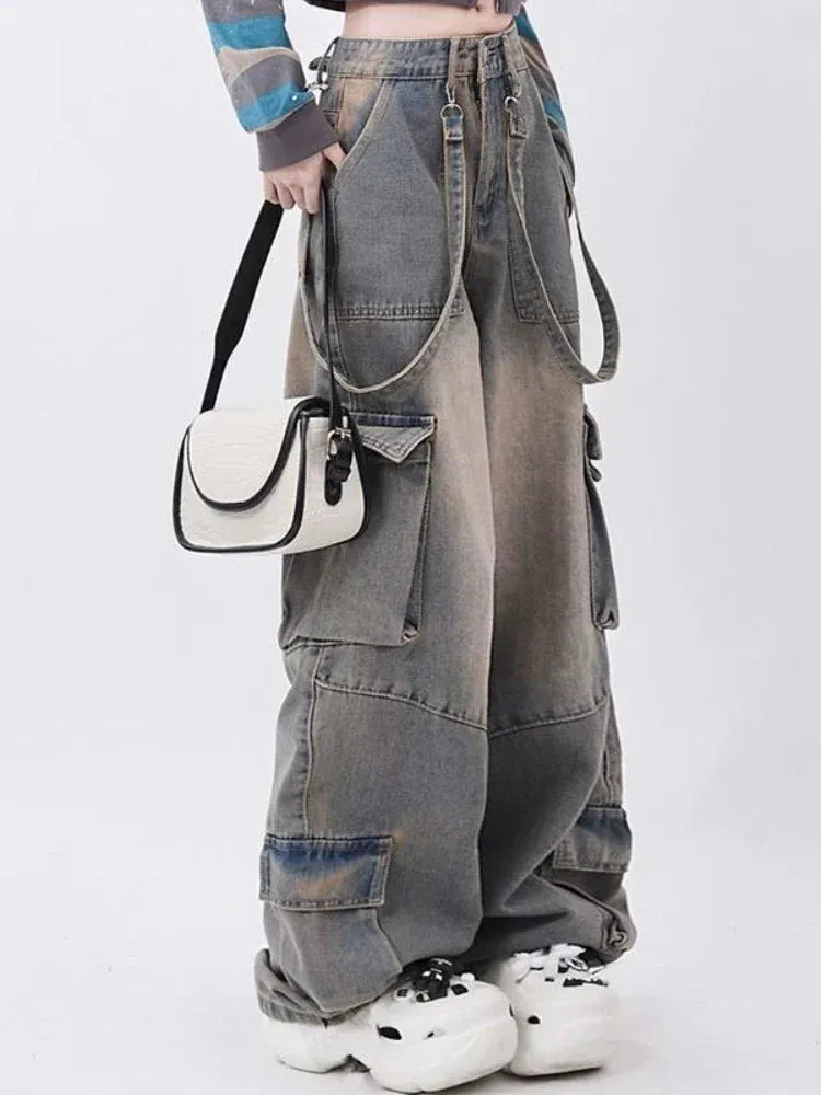 Women Y2k Low Waist Wide Leg Denim Trousers Streetwear Casual Pockets Pants