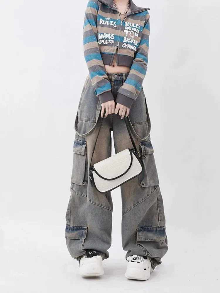 Women Y2k Low Waist Wide Leg Denim Trousers Streetwear Casual Pockets Pants