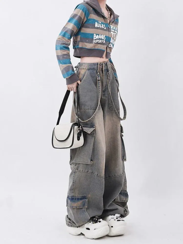 Women Y2k Low Waist Wide Leg Denim Trousers Streetwear Casual Pockets Pants