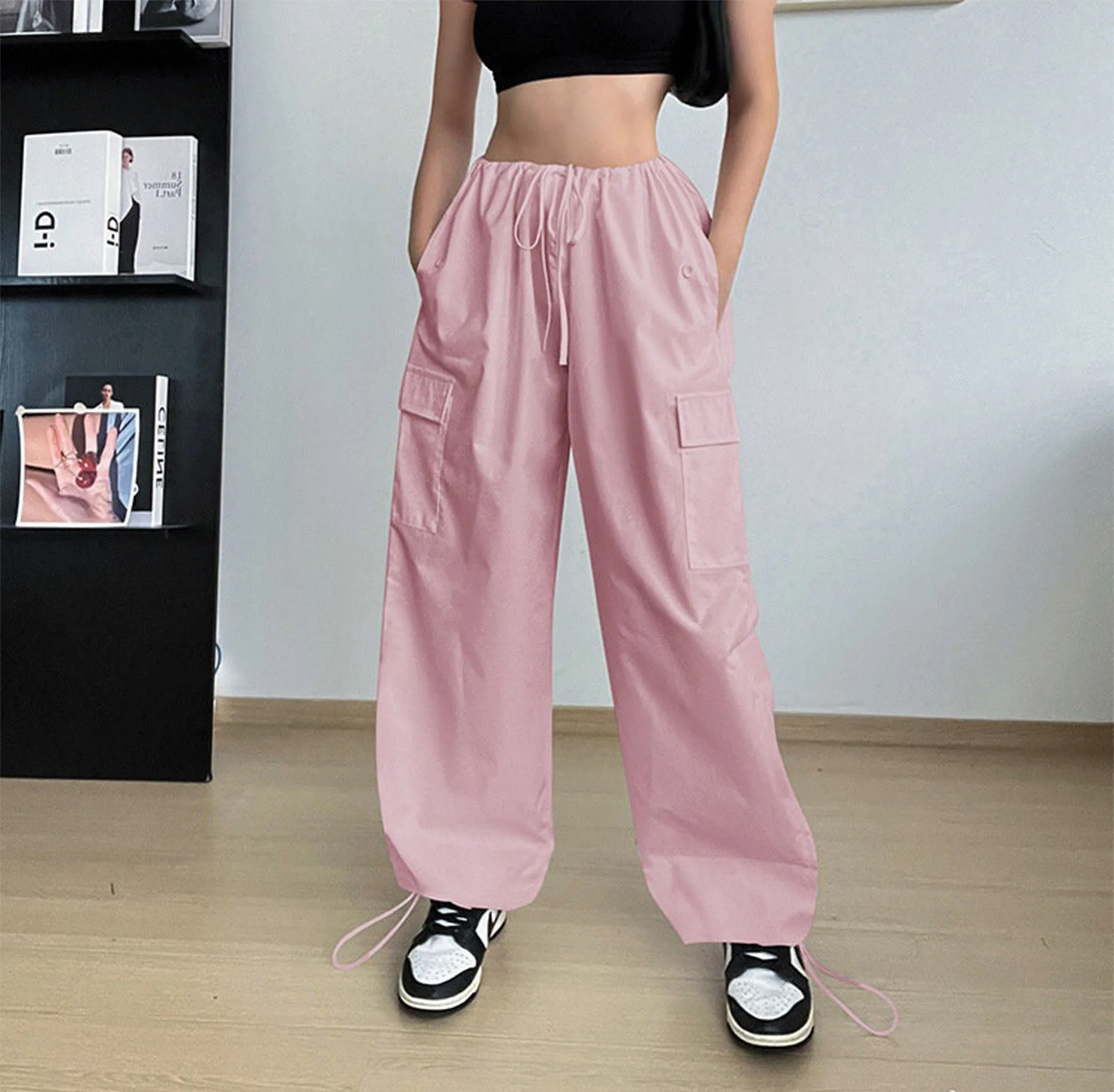 Women's Clothing Wide Leg Loose Plus Size Tether Straight Cargo Pants Women, Elastic Waist Pants, Baggy Cargo Pants, Casual Streetwear Pants