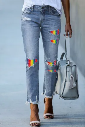 Women's Ripped Holes Rainbow Patch Jeans LGBT Distressed Denim Pants