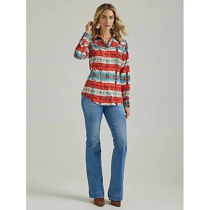 WOMEN'S WRANGLER RETRO® HORIZONTAL GEO SNAP SHIRT IN BLUE/MULTI