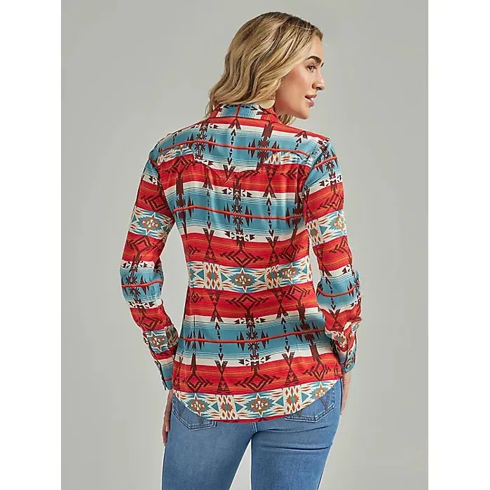 WOMEN'S WRANGLER RETRO® HORIZONTAL GEO SNAP SHIRT IN BLUE/MULTI