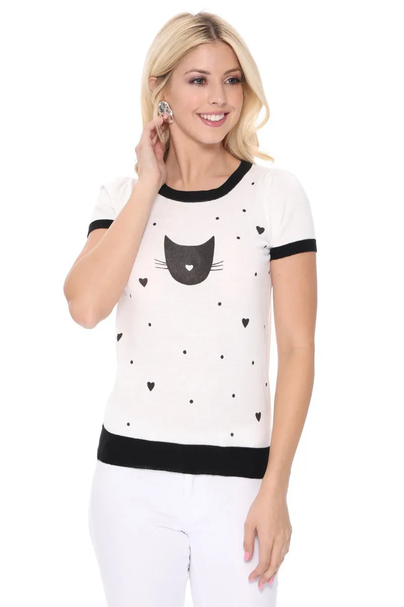 YEMAK Women's Kitty Cat Face Casual Short Sleeve Pullover Sweater MK3182 (S-L)