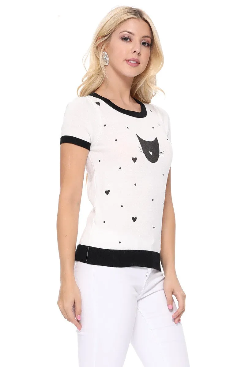 YEMAK Women's Kitty Cat Face Casual Short Sleeve Pullover Sweater MK3182 (S-L)