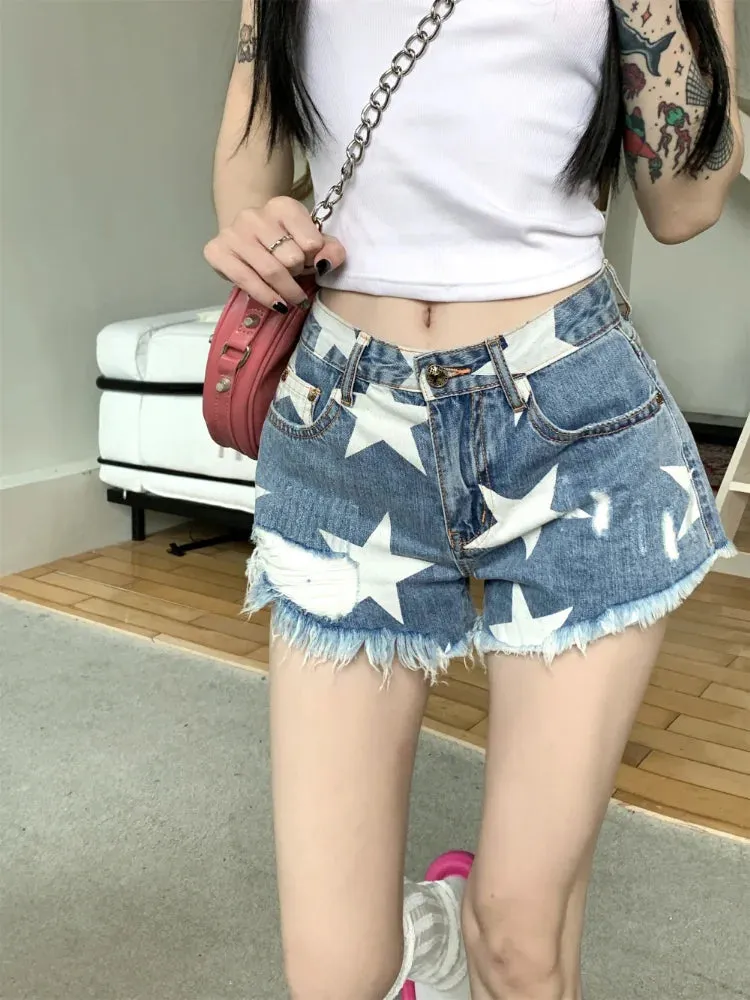 YESMYTOOL  -   Star Print Summer Denim Shorts Women Y2k Ripped Low Wasit Jean Shorts Female Streetwear American Retro Hotsweet Bottoms