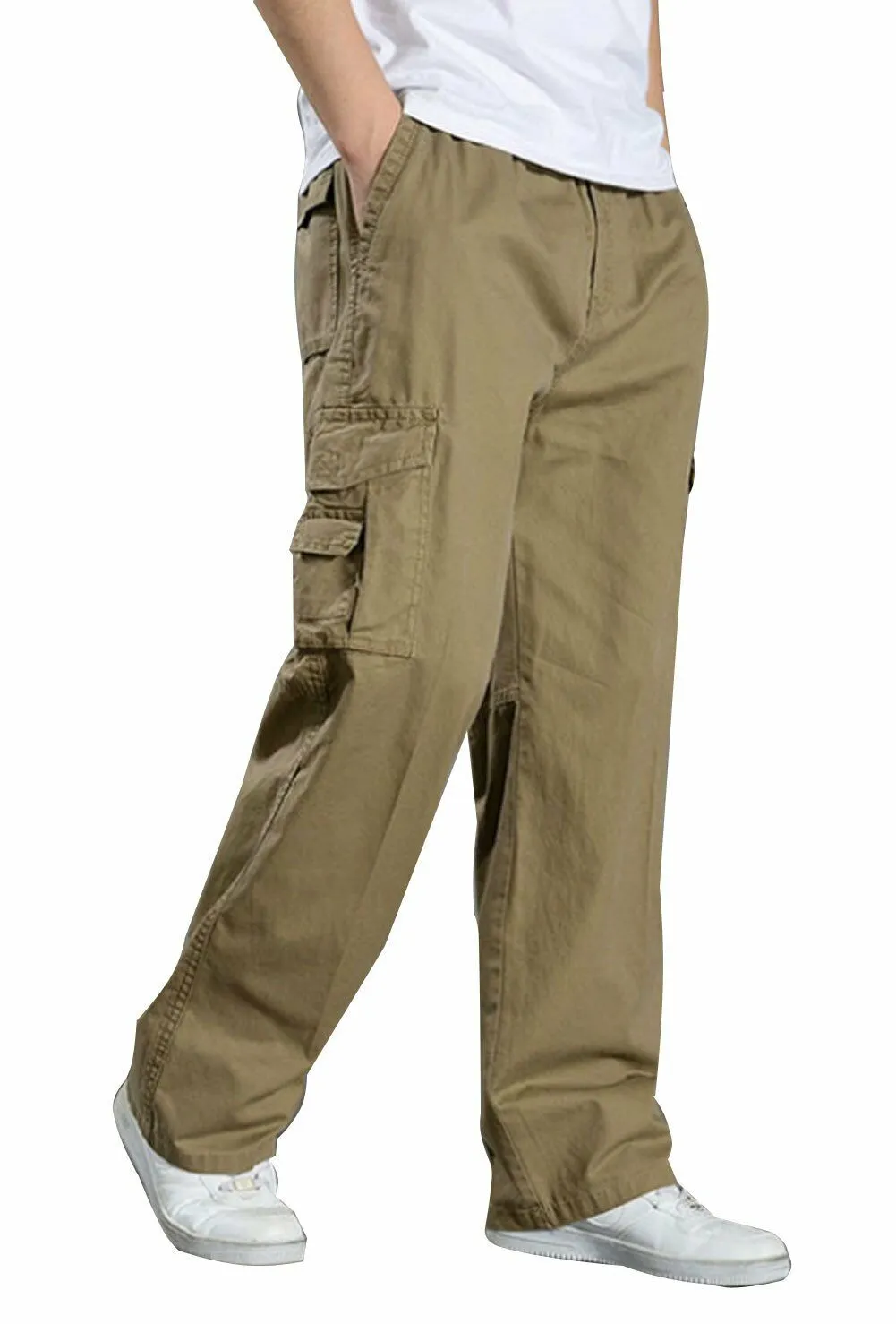 YGT Men's Full Elastic Waist Cargo Pants Lightweight Cotton Workwear Pants