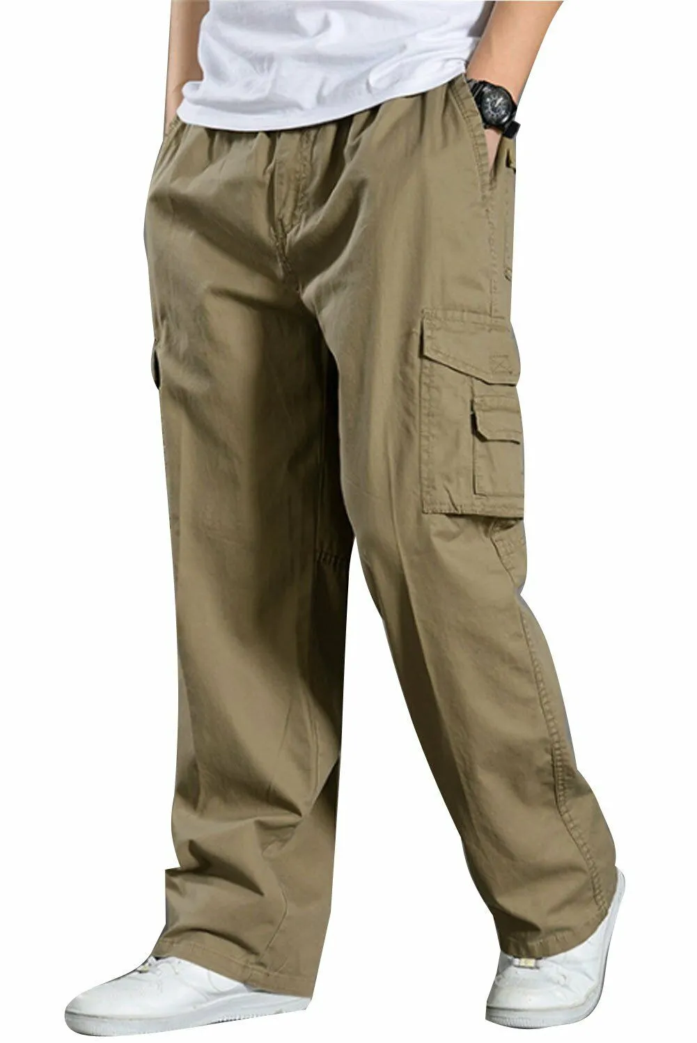 YGT Men's Full Elastic Waist Cargo Pants Lightweight Cotton Workwear Pants