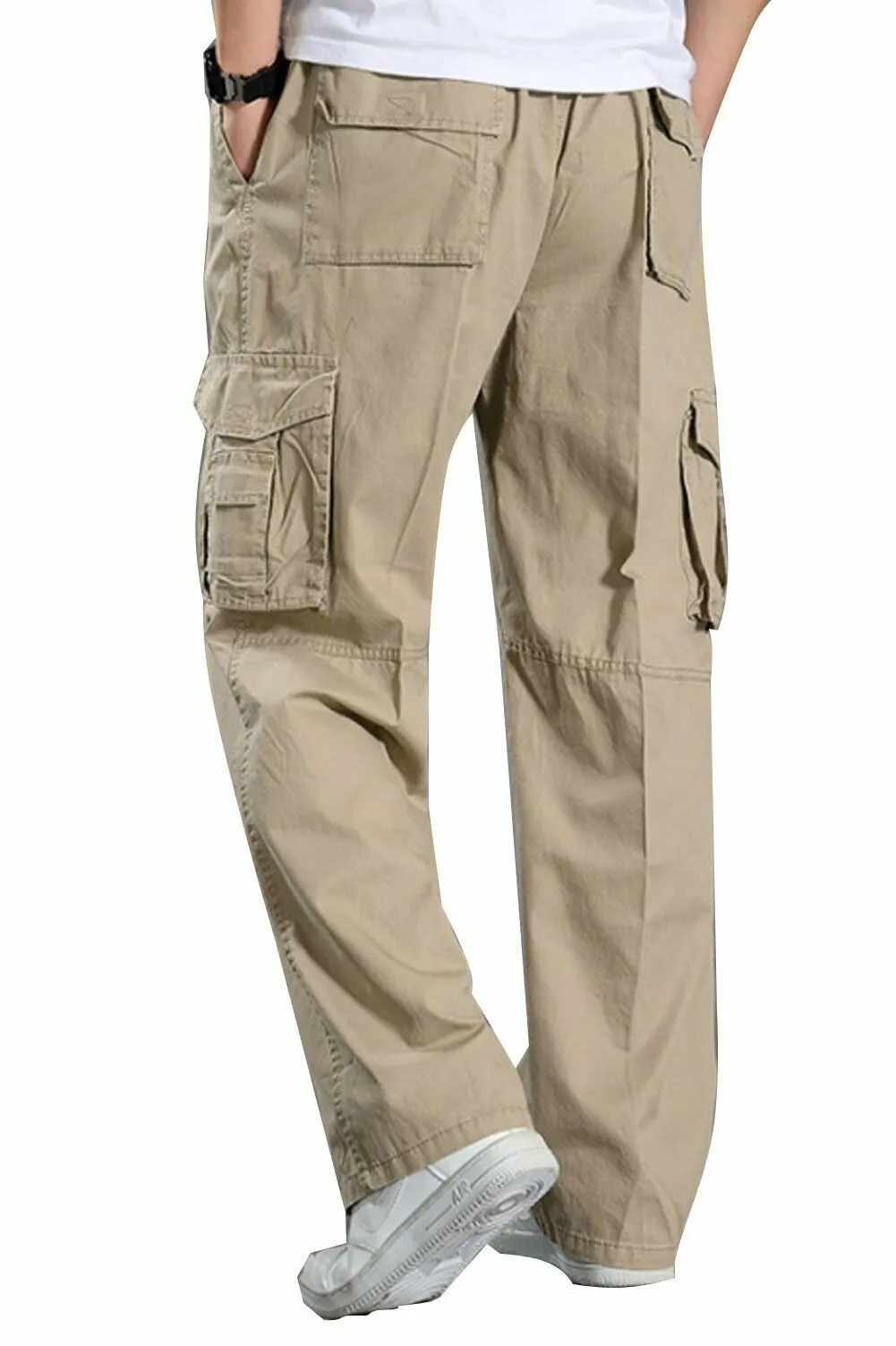 YGT Men's Full Elastic Waist Cargo Pants Lightweight Cotton Workwear Pants