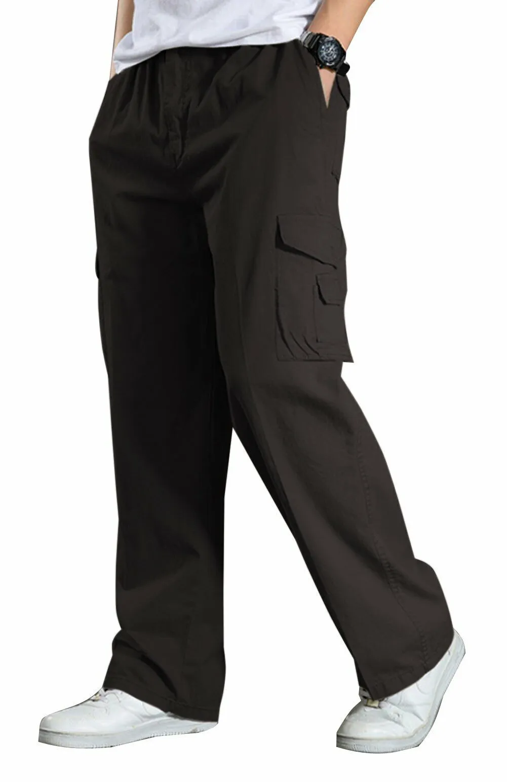 YGT Men's Full Elastic Waist Cargo Pants Lightweight Cotton Workwear Pants