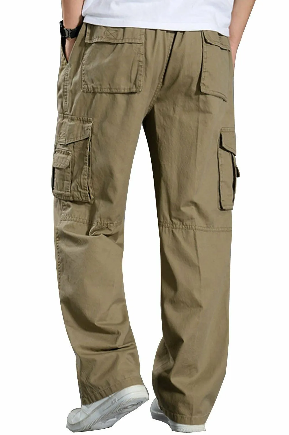 YGT Men's Full Elastic Waist Cargo Pants Lightweight Cotton Workwear Pants