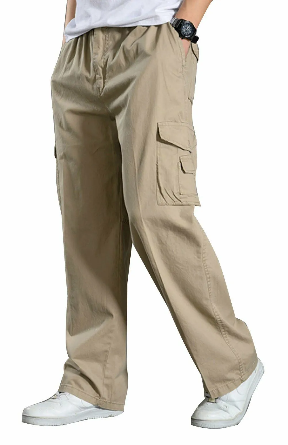 YGT Men's Full Elastic Waist Cargo Pants Lightweight Cotton Workwear Pants