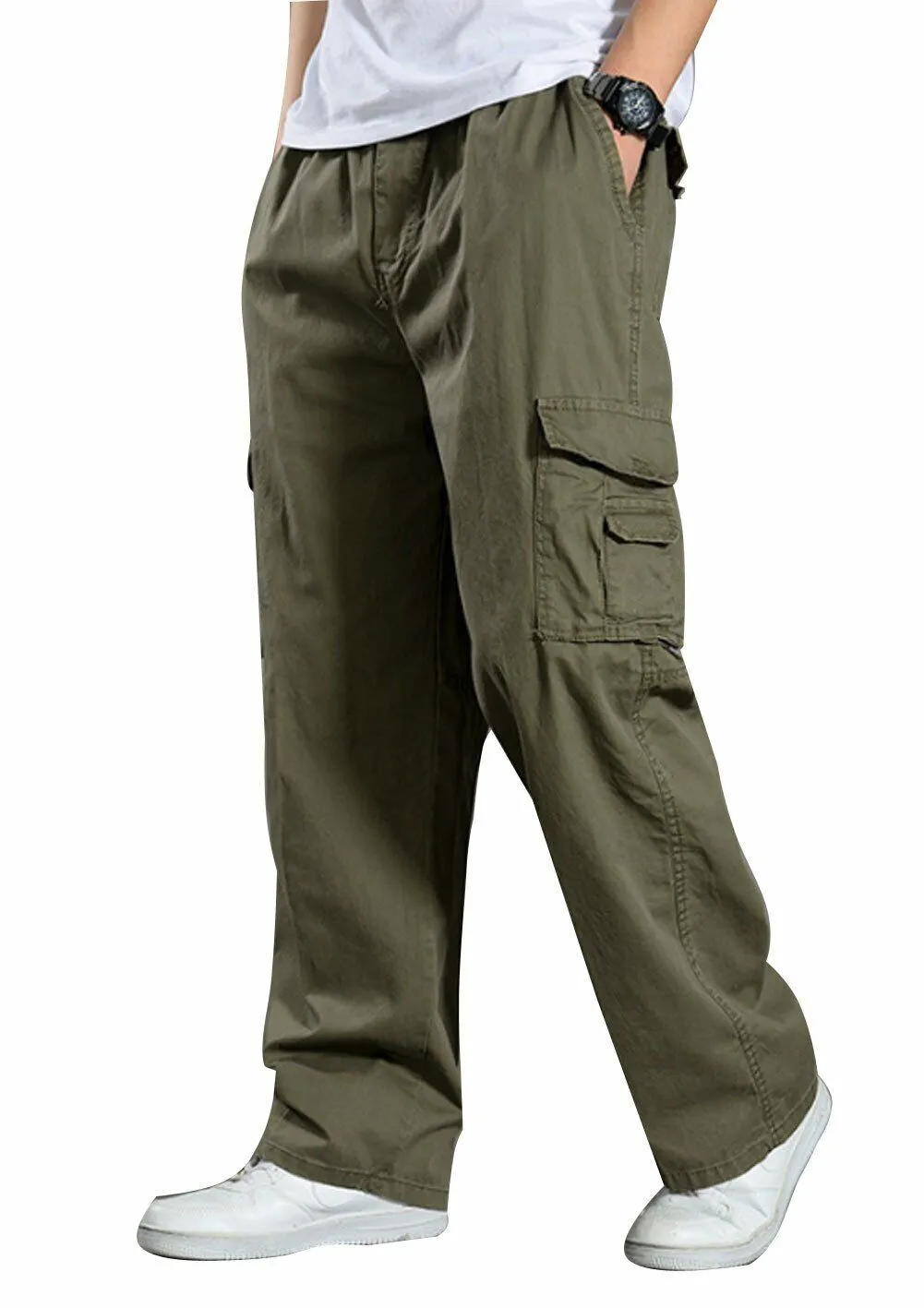 YGT Men's Full Elastic Waist Cargo Pants Lightweight Cotton Workwear Pants