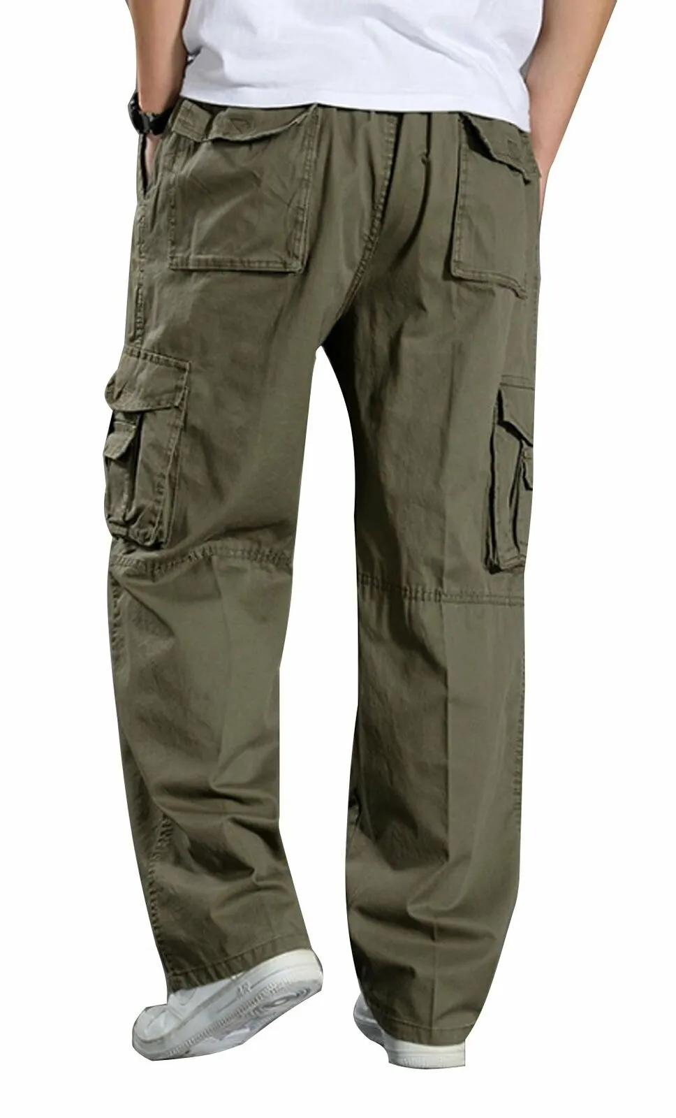 YGT Men's Full Elastic Waist Cargo Pants Lightweight Cotton Workwear Pants