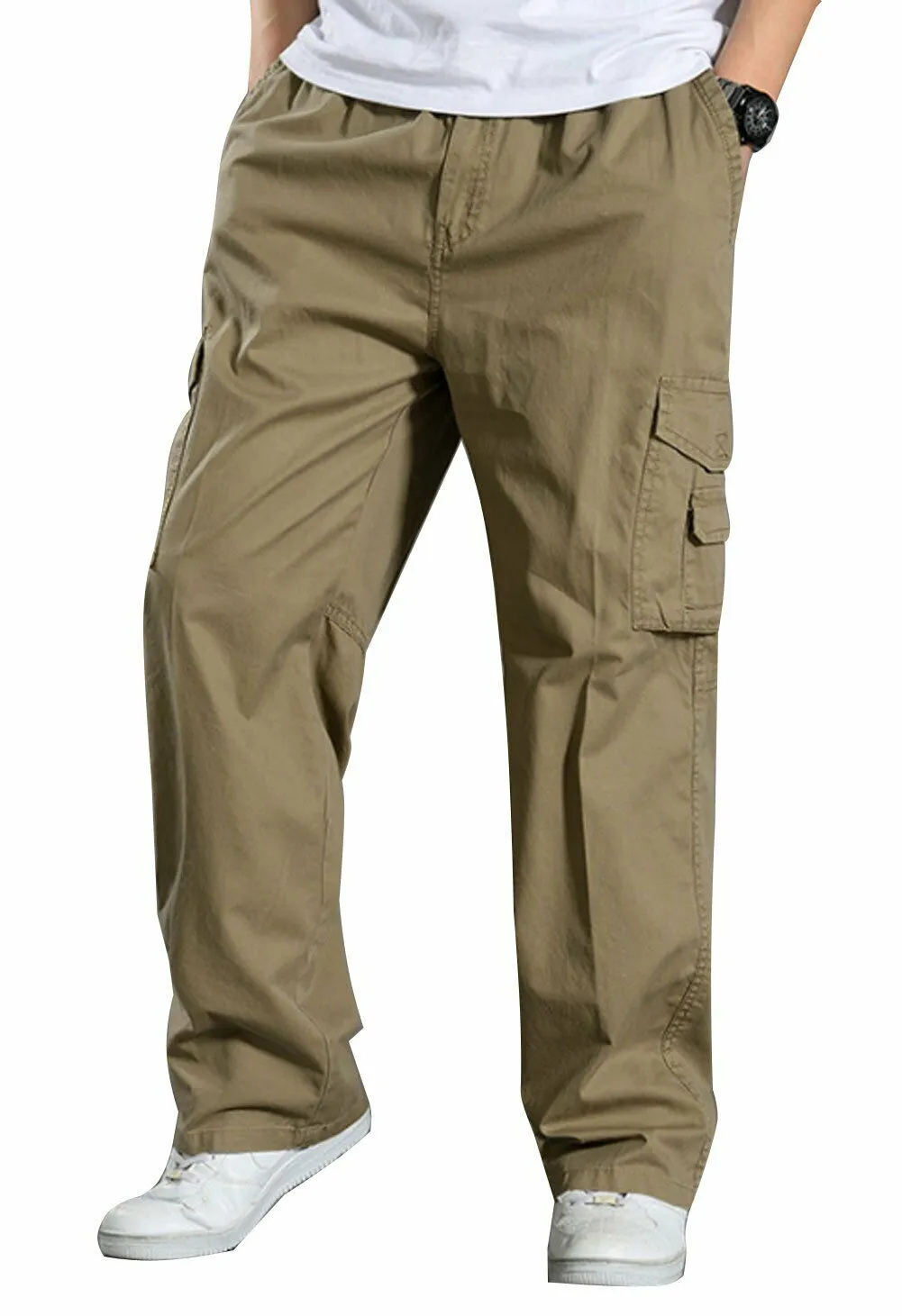 YGT Men's Full Elastic Waist Cargo Pants Lightweight Cotton Workwear Pants