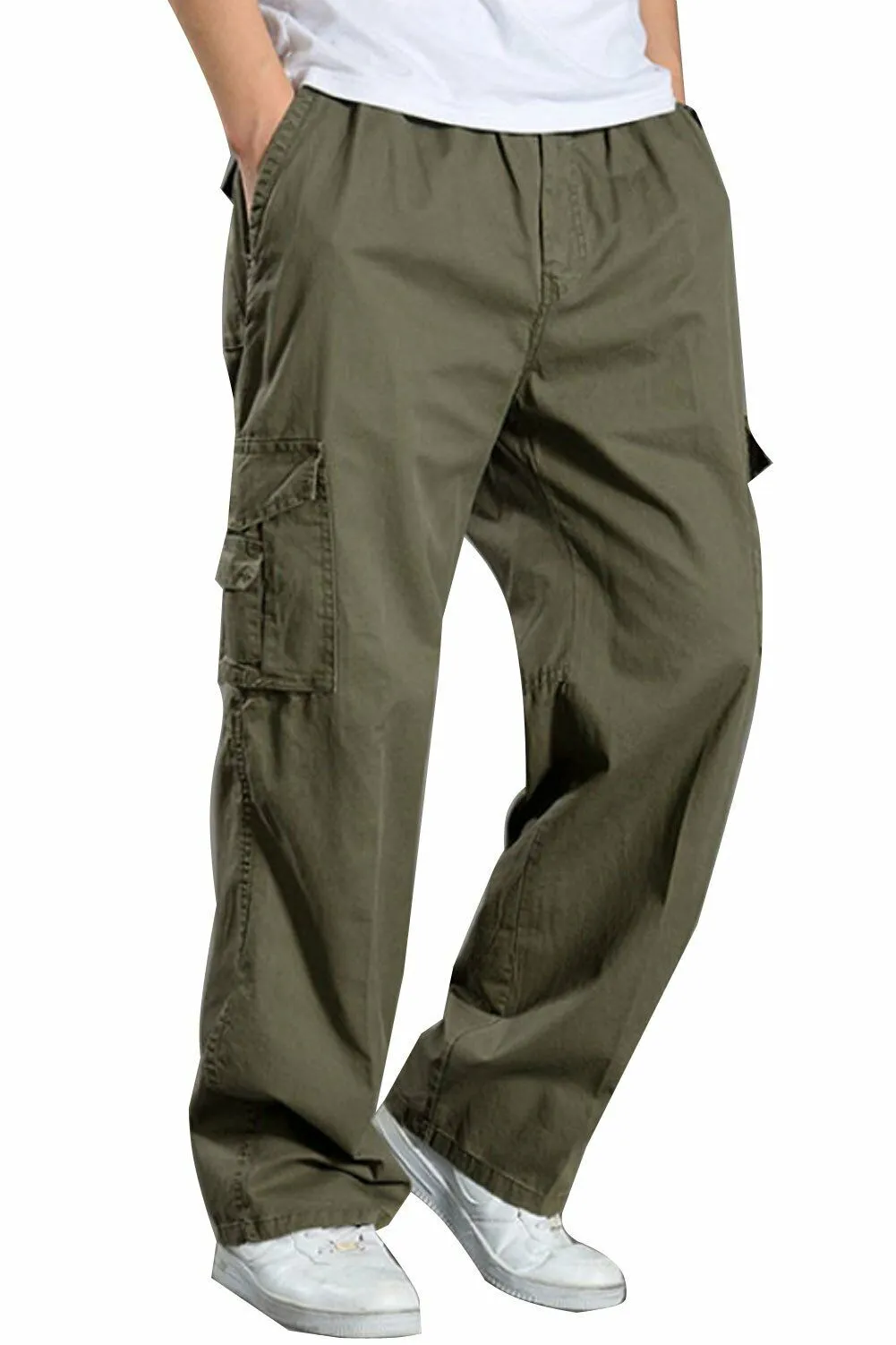 YGT Men's Full Elastic Waist Cargo Pants Lightweight Cotton Workwear Pants