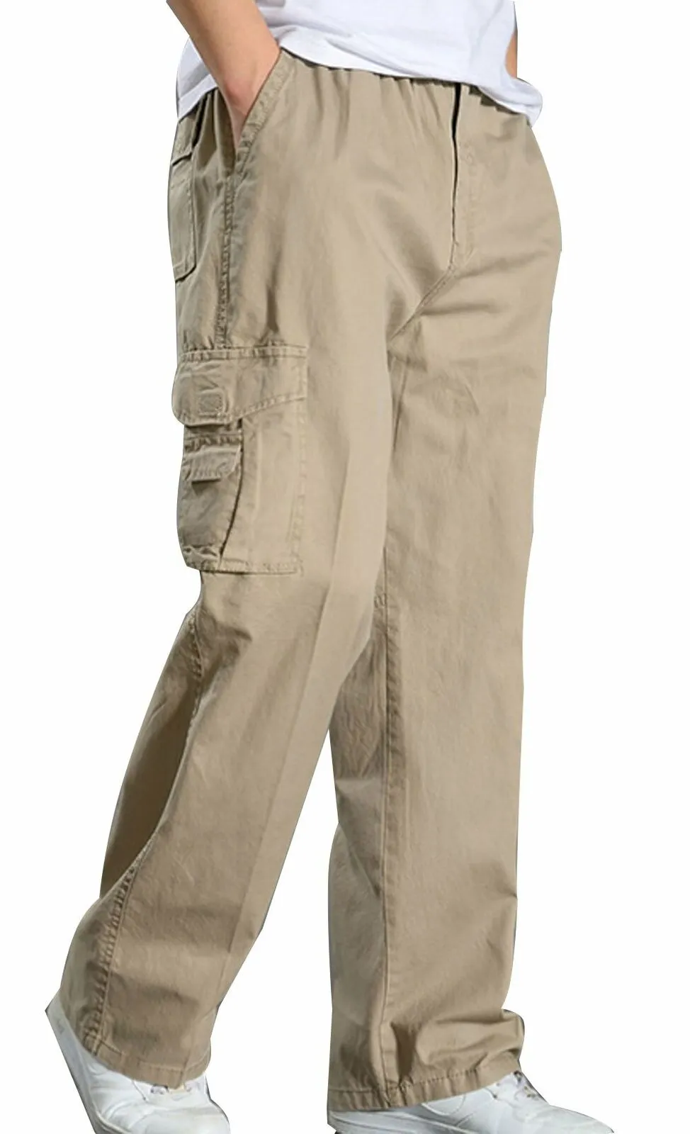 YGT Men's Full Elastic Waist Cargo Pants Lightweight Cotton Workwear Pants