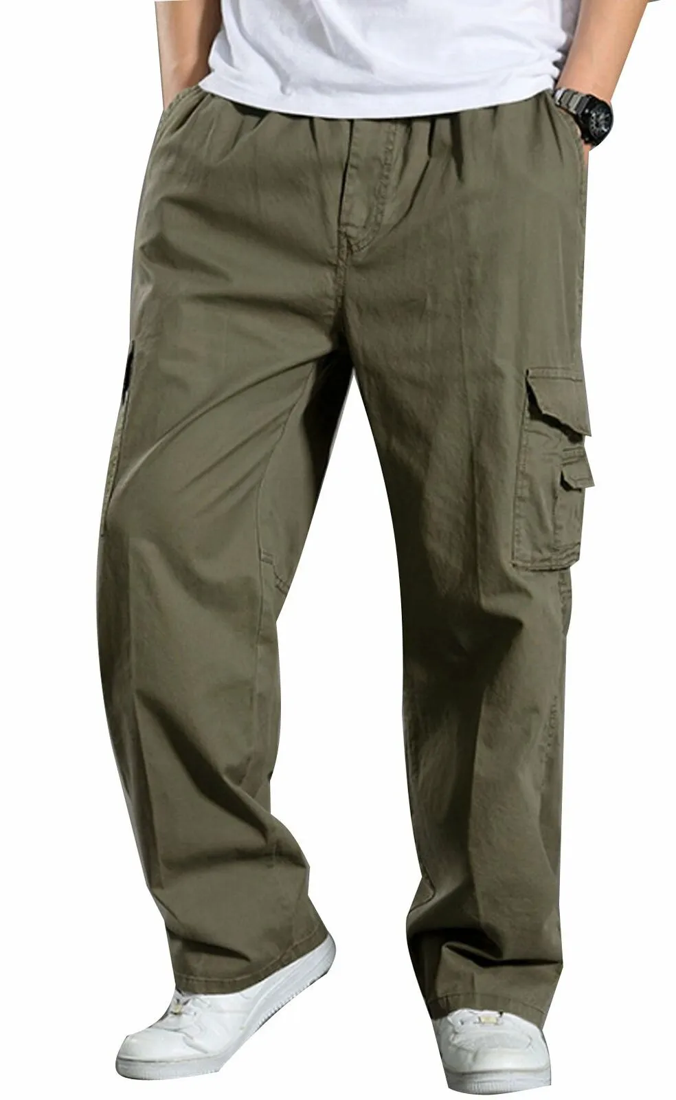 YGT Men's Full Elastic Waist Cargo Pants Lightweight Cotton Workwear Pants