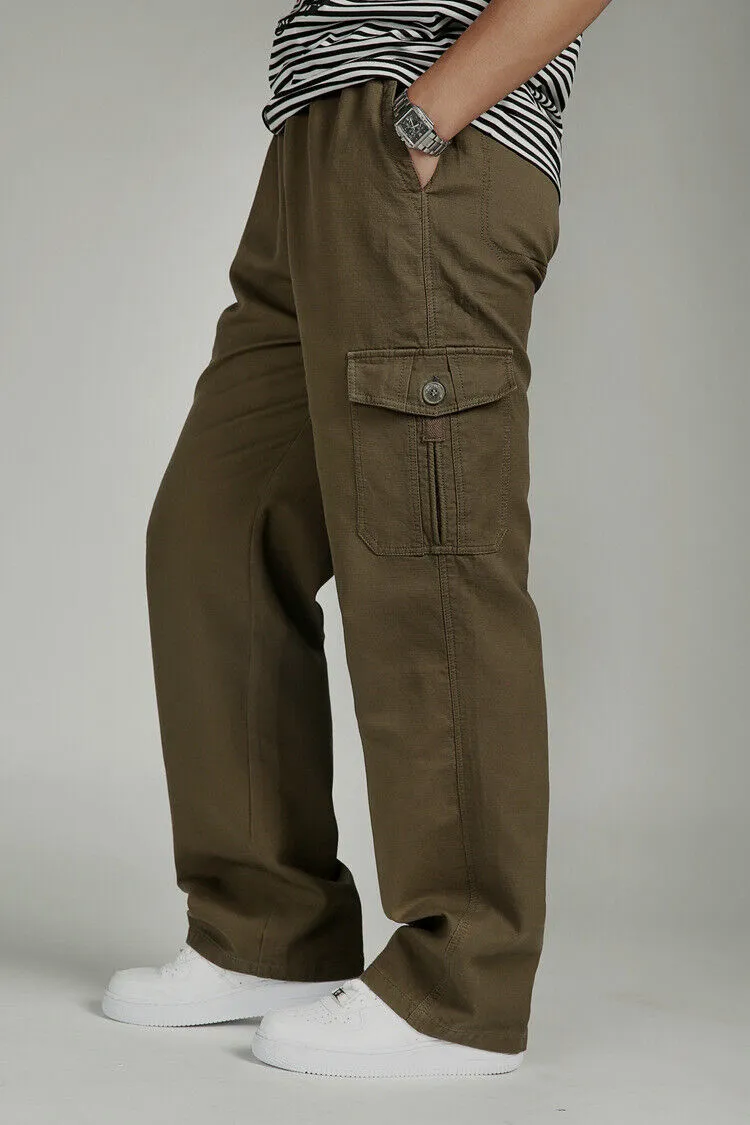 YGT Men's Full Elastic Waist Cargo Pants Thick Cotton Workwear Pants