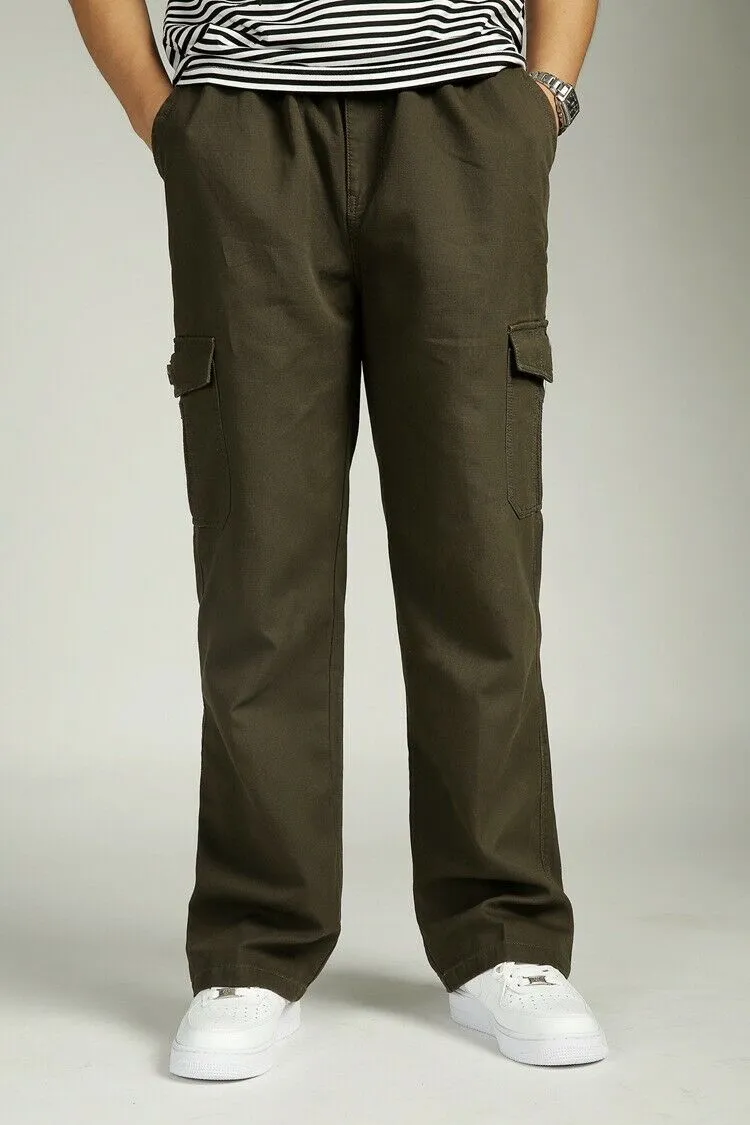 YGT Men's Full Elastic Waist Cargo Pants Thick Cotton Workwear Pants