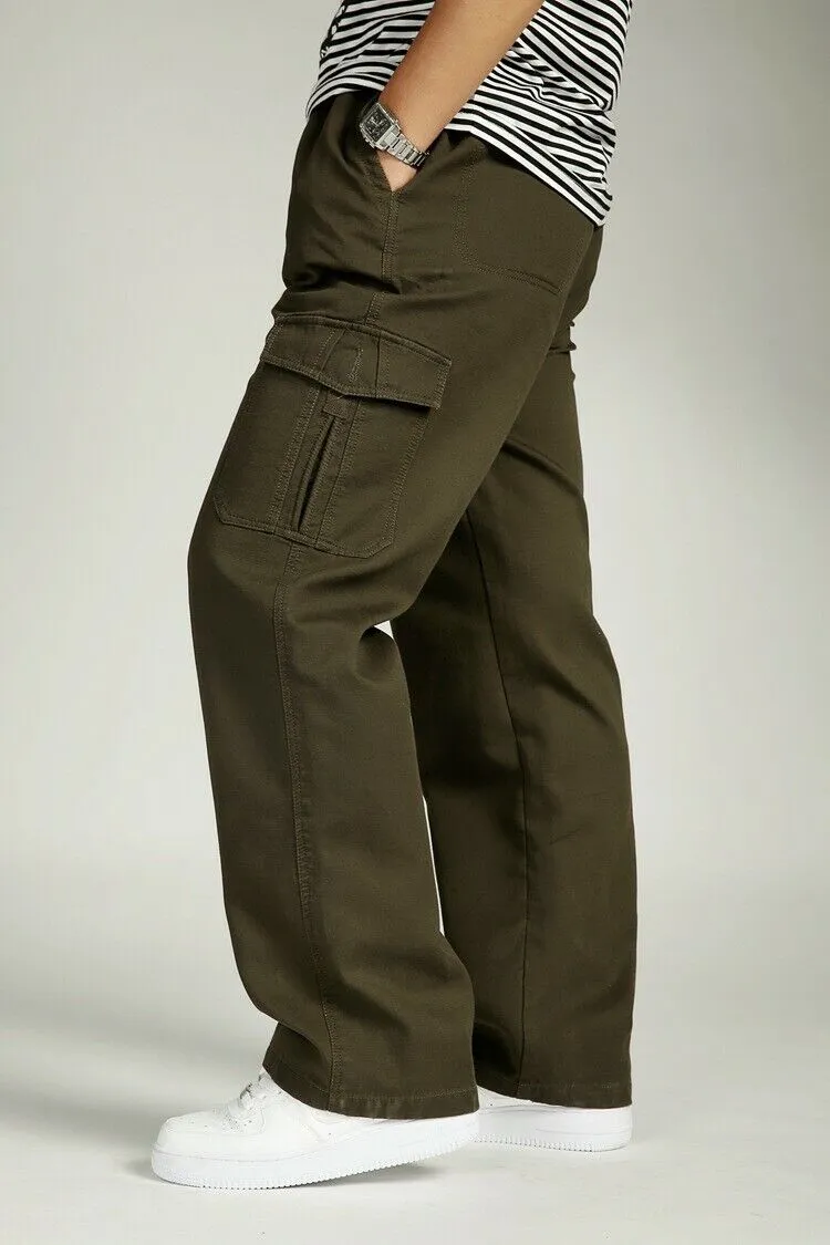 YGT Men's Full Elastic Waist Cargo Pants Thick Cotton Workwear Pants