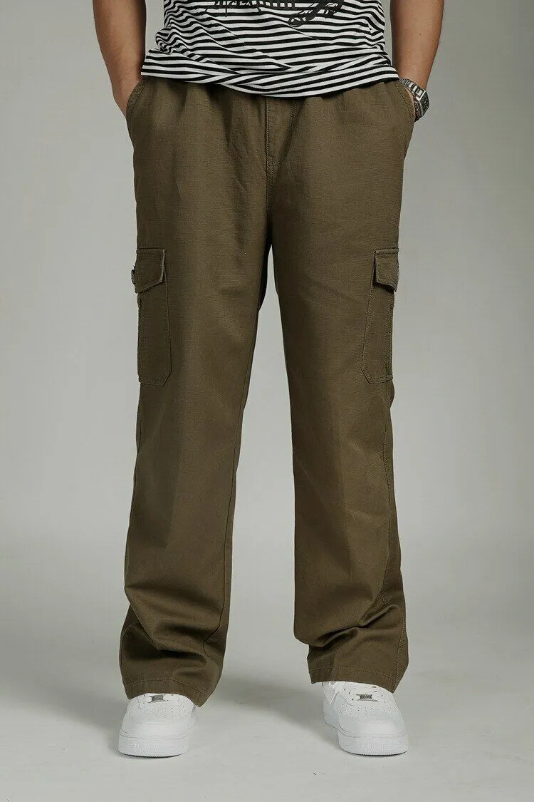 YGT Men's Full Elastic Waist Cargo Pants Thick Cotton Workwear Pants