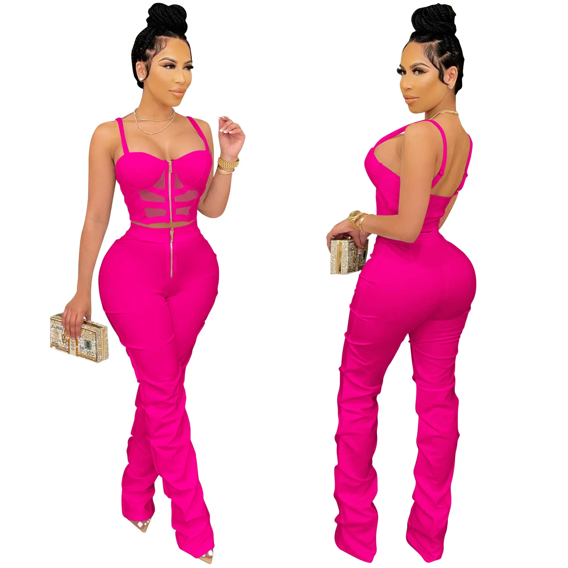 Zipper Sling Vest And Pants Set